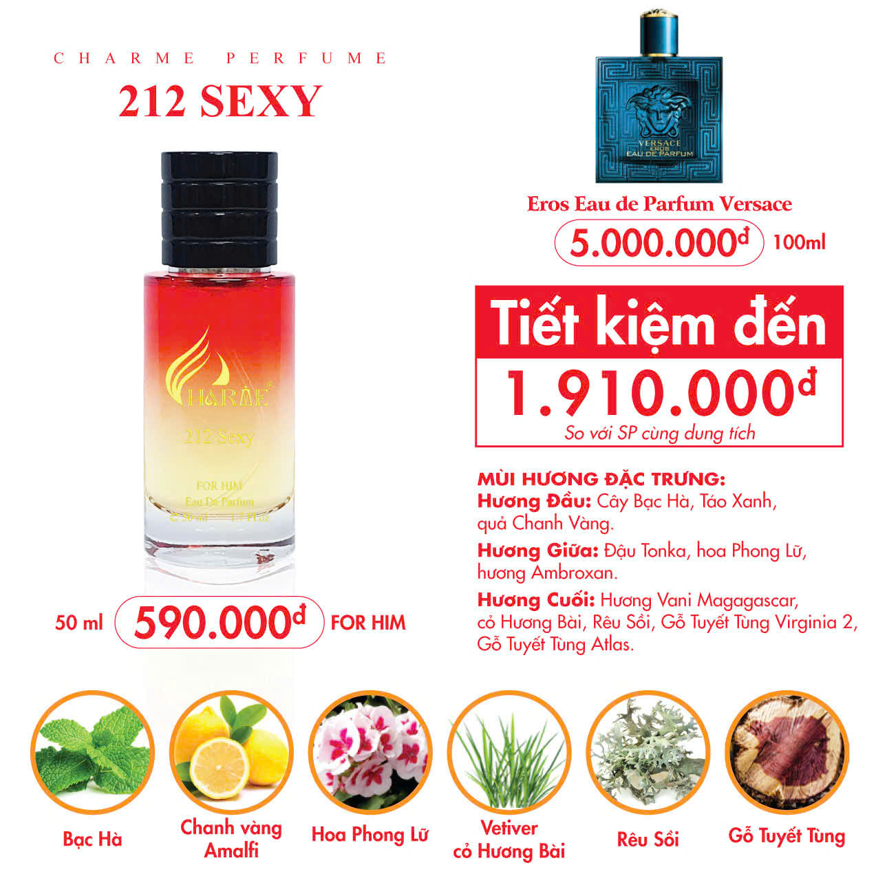 Thành phần tạo nên Charme 212 Sexy đầy khơi gợi và thể hiện sự mạnh mẽ và đam mê.