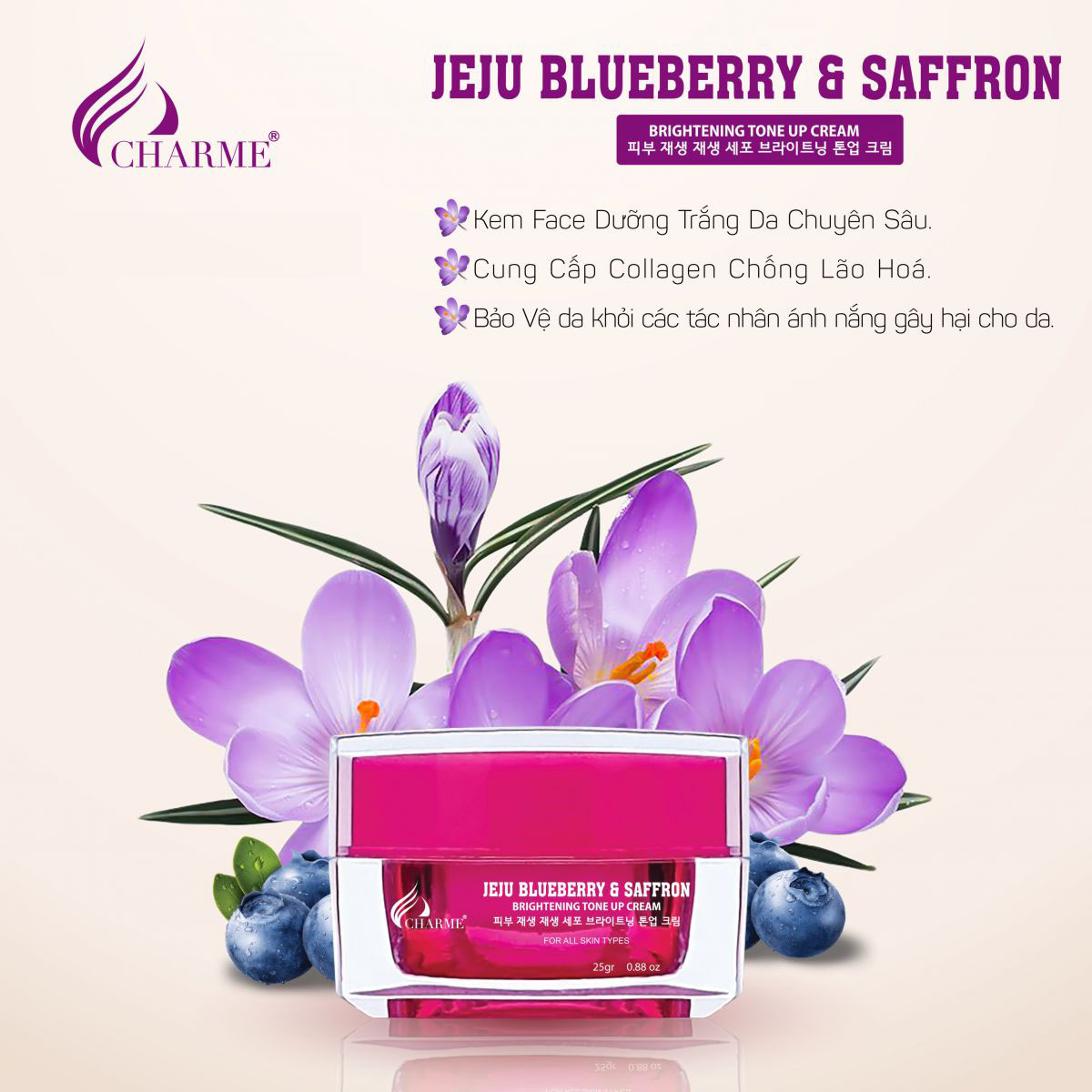 Kem Dưỡng Trắng Da Chống Lão Hóa Charme Jeju Blueberry & Saffron 25g